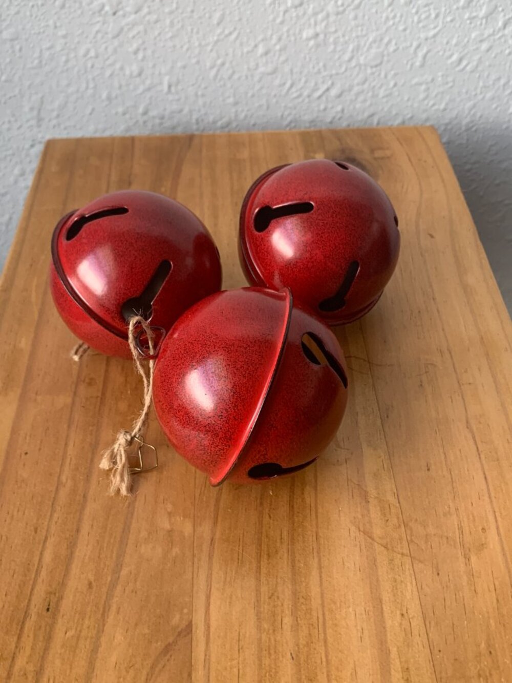 Farmhouse Red Metal Jingle Bell Ornaments Set of 3 Vintage Rustic Christmas